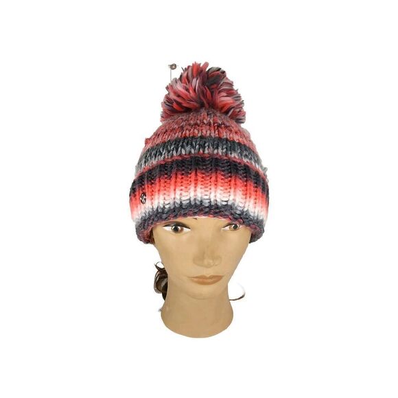 Spyder Women's Twisty Knit Fleece Pink Multi Lined Pom Pom Cuffed Beanie Hat - Picture 1 of 10